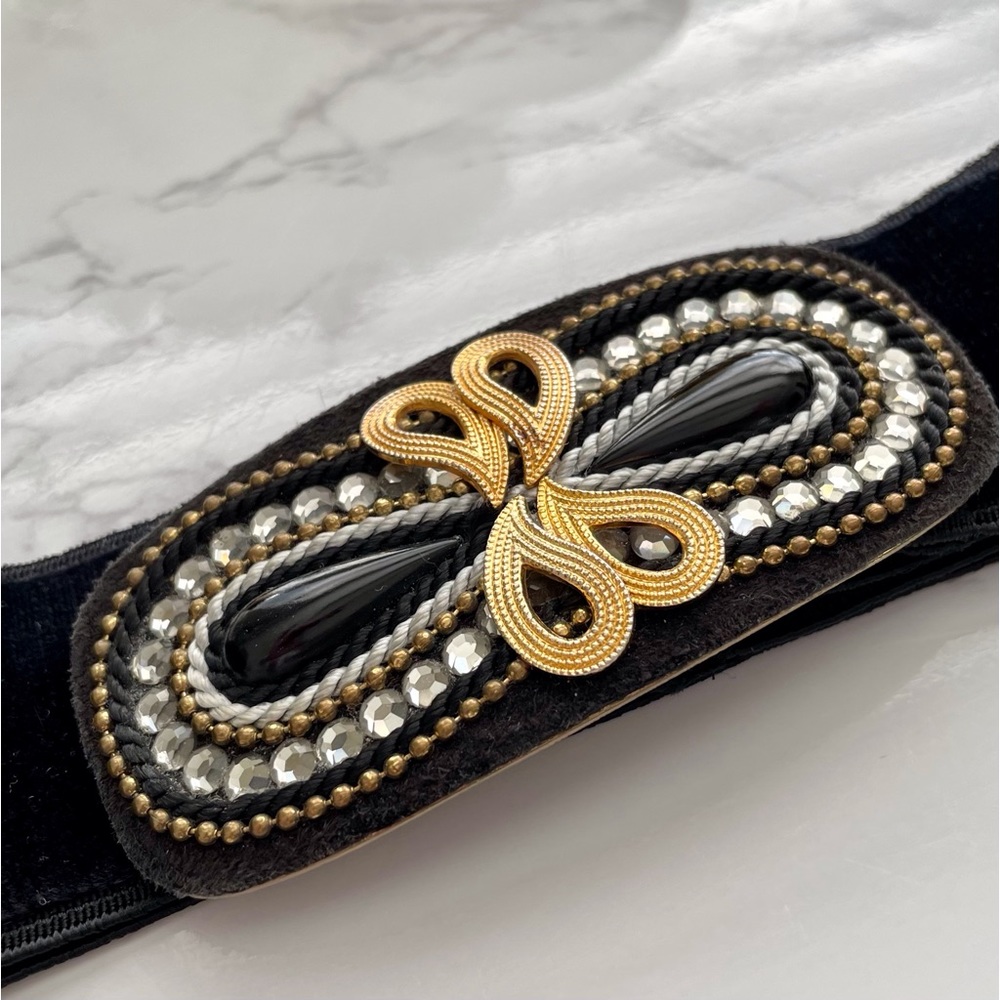 Charmant Beverly Hills Black velvet stretch belt & black, gold & crystal buckle - Picture 4 of 8